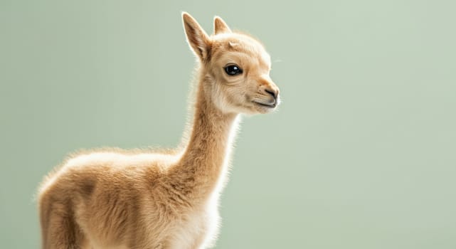 A charming baby gazelle stands gracefully against a soft green backdrop, its delicate features and fluffy coat. perfect for nature, wildlife, or minimalist design projects showcasing gentle elegance and tranquility.