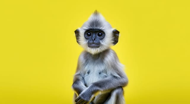 Young langur monkey sits attentively, showcasing its soft, gray fur and expressive eyes. the bright yellow backdrop enhances the monkey's curious demeanor, its distinctive facial features and playful nature.