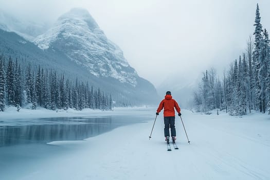 A skier on a walk in a mountainous area with a river and snowy forest.