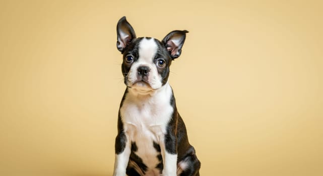 Boston terrier puppy with attentive ears sits against a gentle yellow backdrop. the bright, simple background highlights the dog's expressive eyes and unique markings, perfect for pet-themed projects or animal enthusiasts.