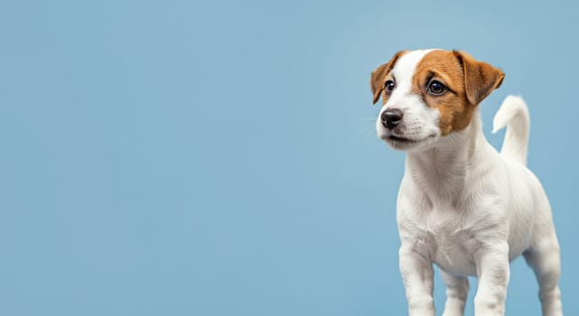 A playful jack russell terrier puppy stands alert on a light blue background. the focus is on its expressive eyes and perky ears, showcasing the breed's energetic and curious nature, perfect for projects about pets or family.