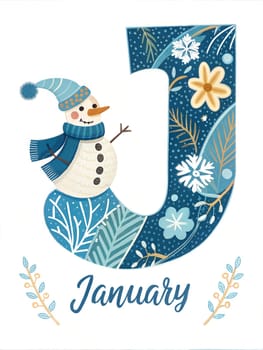 Big letter J January. Hello January typography for calendar, poster, card. Cozy January illustration isolated on white background. ai generation