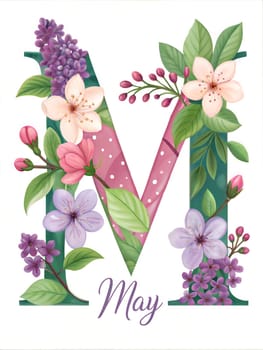 Big letter M - May. Hello May typography for calendar, poster, greetings card. Cozy May illustration isolated on white background. ai generation