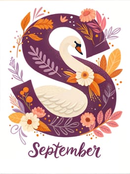 Big letter S September. Hello September typography for calendar, poster, card. September illustration isolated on white background. ai generation