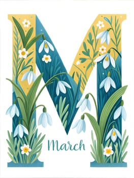 Big letter M - March. Hello March typography for calendar, poster, greetings card. March illustration isolated on white background. ai generation