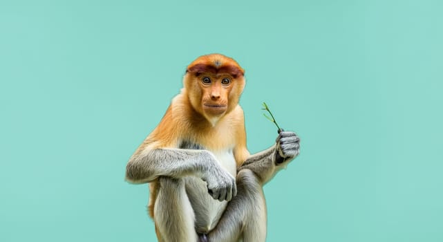 Proboscis monkey seated against a soft green backdrop, holding a twig with an inquisitive expression. highlights unique features such as long nose and vibrant fur, emphasizing its role in wildlife studies and conservation.