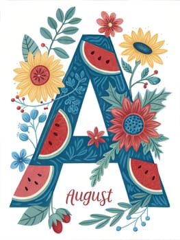 Big letter A August. Hello August typography for calendar, poster, greetings card. August illustration isolated on white background. ai generation