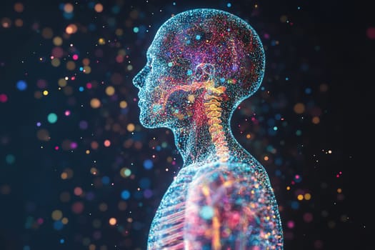 Human body in the form of bright glowing particles on a dark background. Human silhouette consisting of colored dots, lines and figures.