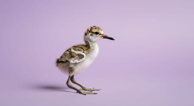 A cute young bird stands gracefully on a pastel lilac backdrop, showcasing its delicate feathers and slender legs. ideal for concepts of innocence, wildlife, and natural beauty in design and decor.