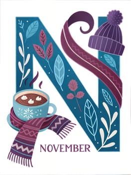 Big letter N - November. Hello November typography for calendar, poster, card. November illustration isolated on white background. ai generation