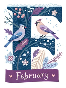 Big letter F February. Hello February typography for calendar, poster, greetings card. February illustration isolated on white background. ai generation