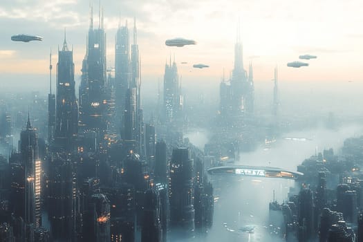 Cyber realistic depiction of a city of the future with flying transport