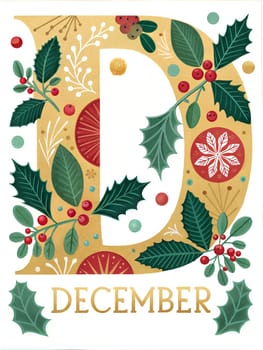 Big letter D December. Hello December typography for calendar, poster, greetings card. December illustration isolated on white background. ai generation