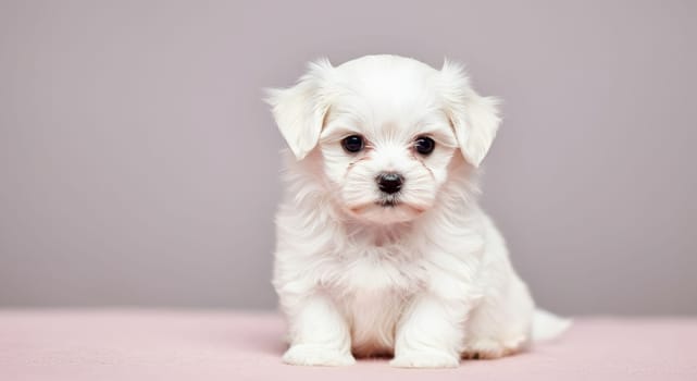 A charming maltese puppy with fluffy white fur sits on a soft pink carpet. its curious eyes and cute expression are heartwarming, making it a delightful subject for pet and animal enthusiasts.