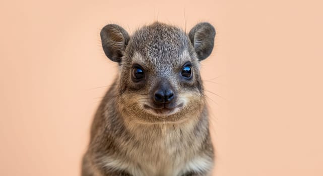 Close-up portrait of an adorable rock hyrax against a soft peach background. the animal's expressive eyes and fluffy fur create an endearing and captivating look, its unique features and curious nature.