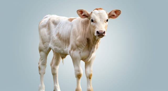 A young calf with light brown and white fur stands against a simple pastel background, showcasing its gentle demeanor and curious expression. ideal for agricultural themes and educational purposes.