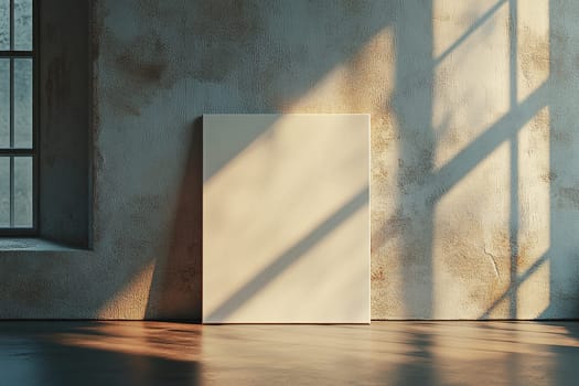 A white blank canvas sits on a wooden floor against a textured concrete wall.