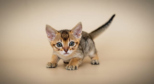 A cute young kitten with expressive blue eyes and a striped coat stands inquisitively on a beige background. its alert posture and focused gaze depict curiosity and playfulness, the innocence of youth.