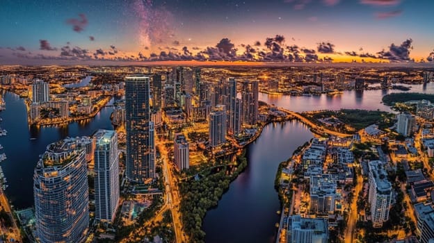 A stunning aerial view of a vibrant city skyline at sunset, showcasing tall skyscrapers along a winding river. The sky is filled with colorful clouds and stars beginning to appear, reflecting on the water's surface. The scene captures the beauty of urban life and nature coexisting.
