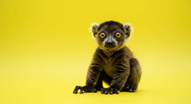 A charming lemur sits against a bright yellow background, showcasing its curious expression and vibrant eyes. perfect for themes related to wildlife, nature, or environmental awareness.