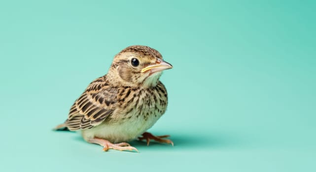 Young sparrow with intricate feather patterns sits on a vibrant turquoise background. the minimalist setting highlights the bird's detailed features and evokes feelings of tranquility and nature appreciation.