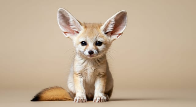 A young fennec fox cub sits in a neutral-toned studio, capturing attention with its large ears and inquisitive expression. the minimalist background enhances the focus on the fox's unique features and playful demeanor.
