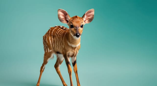 A young nyala fawn stands on a teal background, its distinctive striped coat and curious expression. the minimalist setting emphasizes the animal's elegance and vulnerability in the animal kingdom.