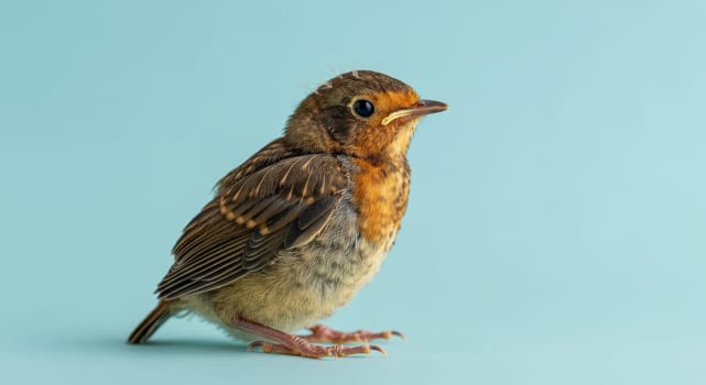 Close-up of a young robin with detailed feathers and vibrant eyes, standing against a soft turquoise backdrop. perfect for nature-themed designs and educational materials avian wildlife.