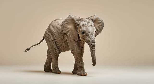 A young elephant stands gracefully against a plain, neutral backdrop. its large ears and tiny trunk are prominent, capturing the essence of innocence and curiosity. ideal for wildlife, nature, and conservation-themed designs.