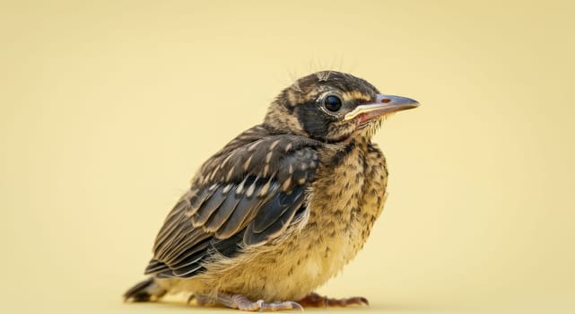 Young bird sits on a gentle yellow backdrop, showcasing its delicate feathers. this serene setting highlights the beauty and innocence of wildlife, perfect for nature-themed prints or greeting cards.