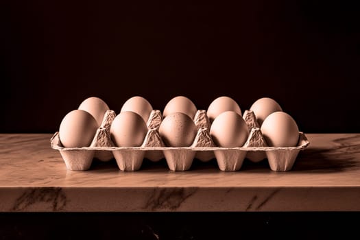 Cardboard packaging with chicken eggs in the color mocha mousse. Color of the Year 2025.