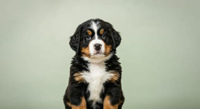 Bernese mountain dog puppy sitting against a soft green backdrop, showcasing its fluffy coat, expressive eyes, and tricolor markings. suitable for themes of pets, cuteness, and companionship.