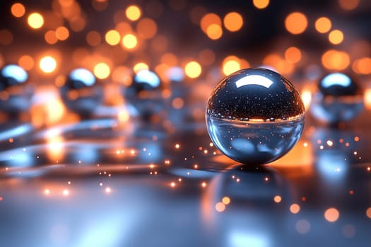 Sparkling metallic ball with mirror surface on golden bokeh background.