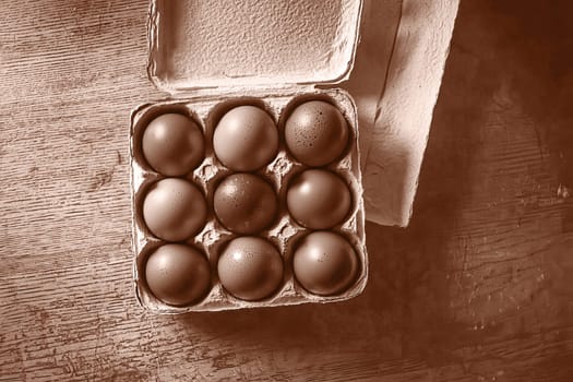 Cardboard packaging with chicken eggs in the color mocha mousse. Color of the Year 2025.