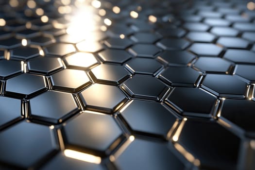 Hexagonal pattern of solid metal wall background in black color reminiscent of honeycomb.