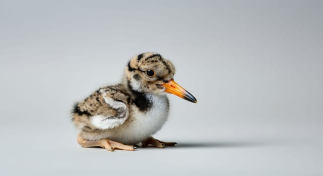 A charming baby bird with a vivid orange beak and fluffy plumage sits on a neutral backdrop. the tiny creature's distinctive markings and delicate features are highlighted in soft, natural lighting.