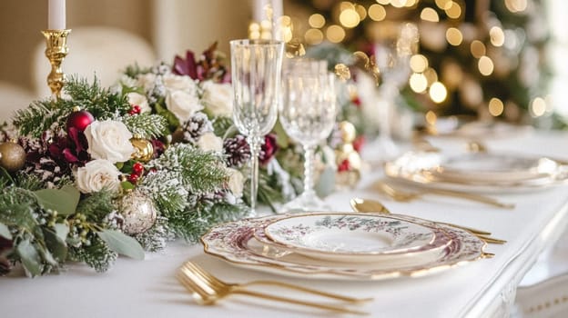 Christmas tablescape decoration, formal family dinner holiday celebration, luxury table setting decor, English country and home style idea