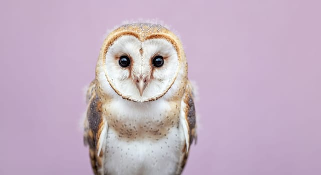 A captivating close-up of a barn owl, showcasing its striking features and intricate feather patterns against a soft pastel background. the owl's wide, expressive eyes add depth and intrigue, the beauty of wildlife.