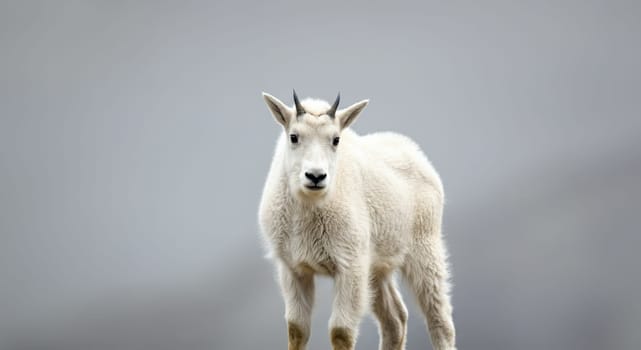 Mountain goat standing on a rugged cliffside, displaying its natural grace and sturdy build. the soft light highlights its white fur against the muted rocky background, emphasizing its serene environment.