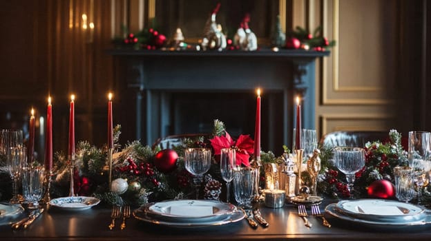 Christmas tablescape decoration, formal family dinner holiday celebration, luxury table setting decor, English country and home style idea