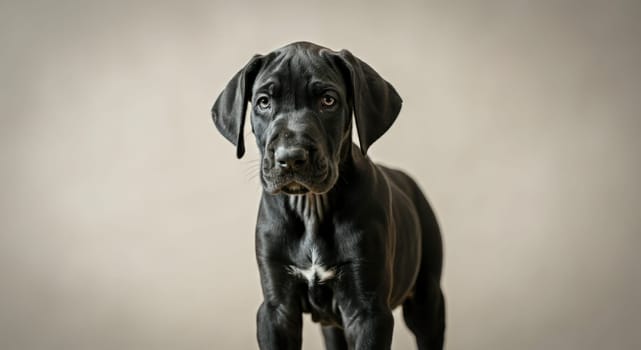Black great dane puppy with expressive eyes and shiny coat standing against a soft neutral backdrop. the gentle pose and subtle lighting highlight the dog's youthful innocence and charming presence.