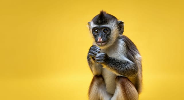 A juvenile monkey nibbles on a leaf against a vibrant yellow backdrop. the image highlights the curious nature and intricate fur patterns of primates, suitable for wildlife conservation themes and educational materials.