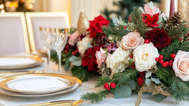 Christmas tablescape decoration, formal family dinner holiday celebration, luxury table setting decor, English country and home style idea