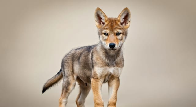 A young wolf pup stands with alert posture against a neutral backdrop, showcasing its expressive eyes and perky ears. this image highlights the natural beauty and curiosity of wolves, ideal for wildlife education materials.