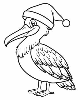 Christmas mood coloring page. Coloring book with pelican in Santa's hat. Printable coloring page for children. Ai generated