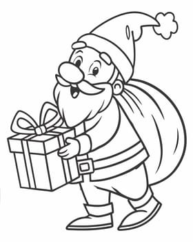 Winter mood coloring page. Christmas coloring book with Santa Claus bringing big gift box and falling snowflakes. Printable coloring page for children. Ai generated