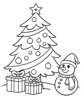 Winter mood coloring page. Christmas coloring book with snowman, gifts and Christmas tree. Printable coloring page for children. Ai generated
