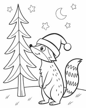 Winter mood coloring page. Coloring book with woodland animal, forest raccoon in hat. Printable coloring page for children. Ai generated