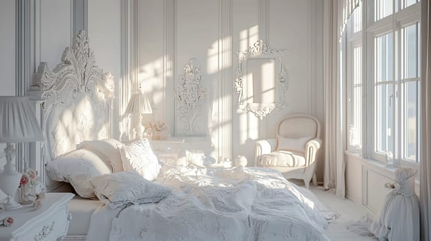 white interior in hotel bed. Selective focus. windows.