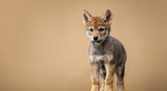 A young wolf pup stands attentively against a soft, neutral backdrop. its fur shows a blend of brown and gray hues, its youthful features. the simple background emphasizes the pup's curious expression, ideal for nature-themed designs.
